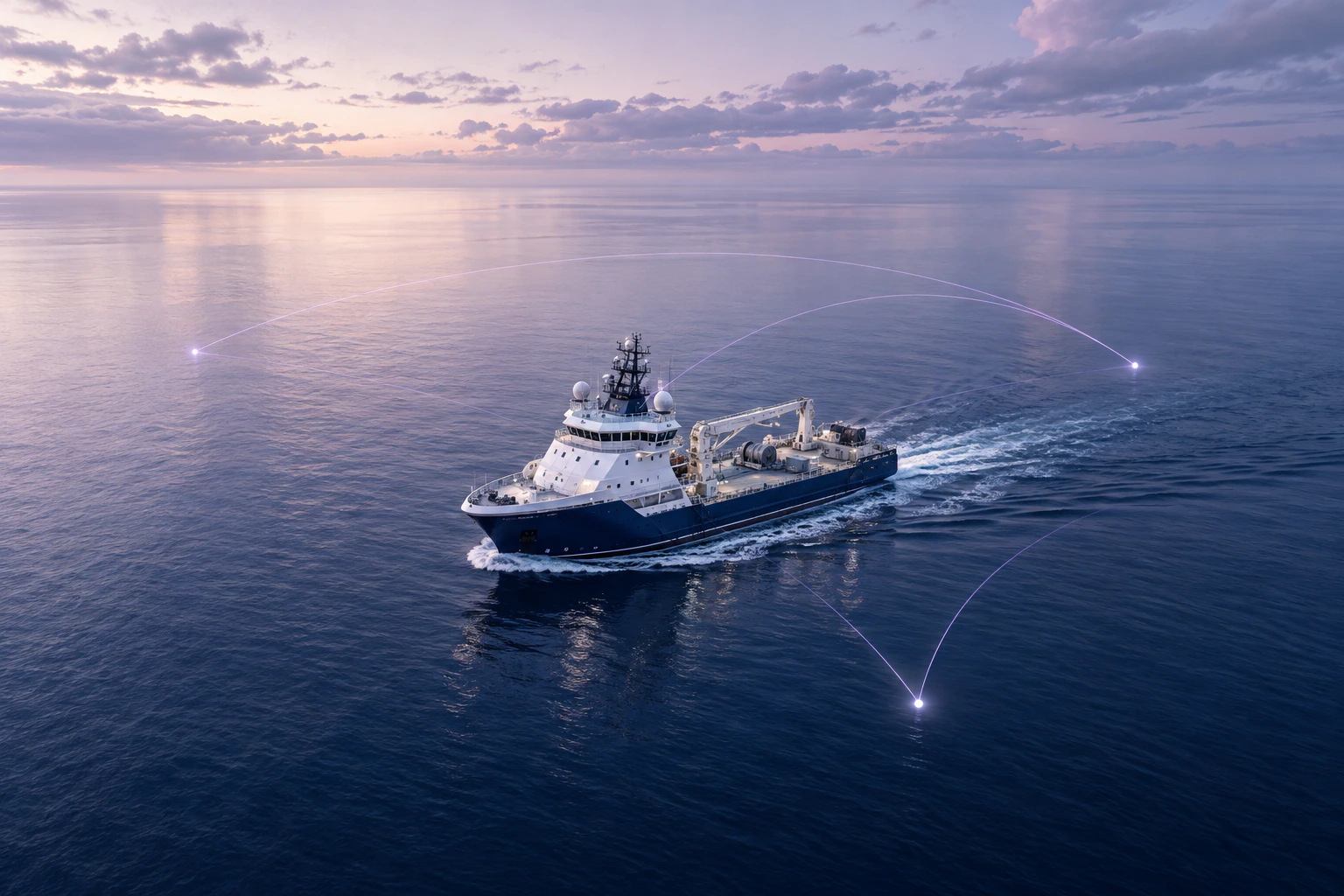 Embarcação offshore conectada a pontos de operação no oceano