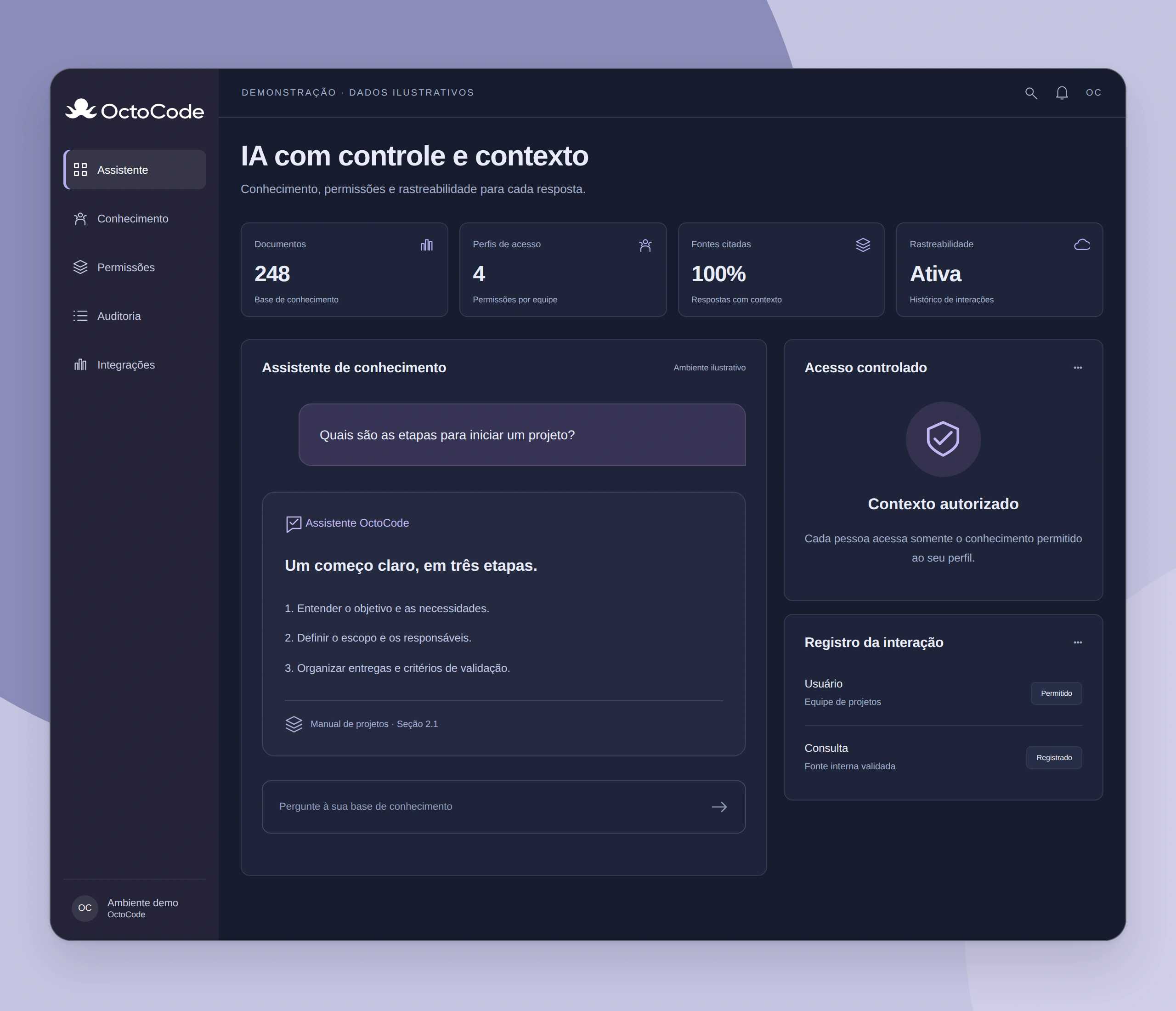 IA com controle e contexto — interface ilustrativa com a logo branca OctoCode