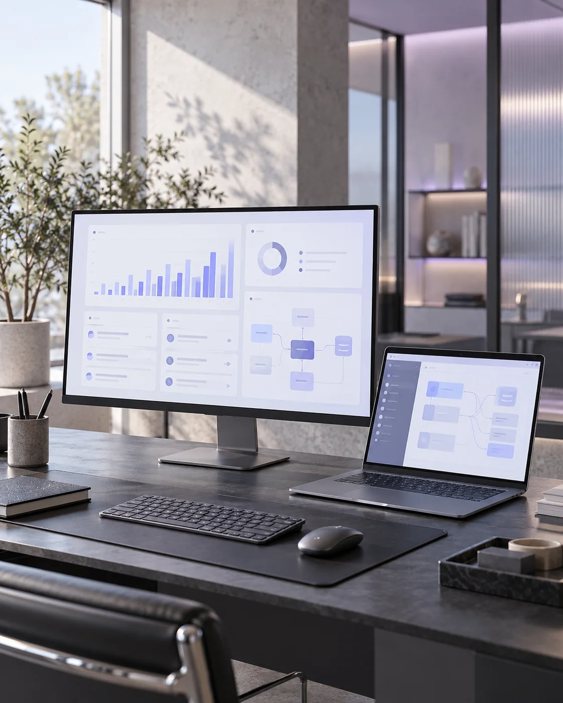 Ambiente de desenvolvimento de software com interfaces, gráficos e arquitetura de sistemas em tons de lavanda