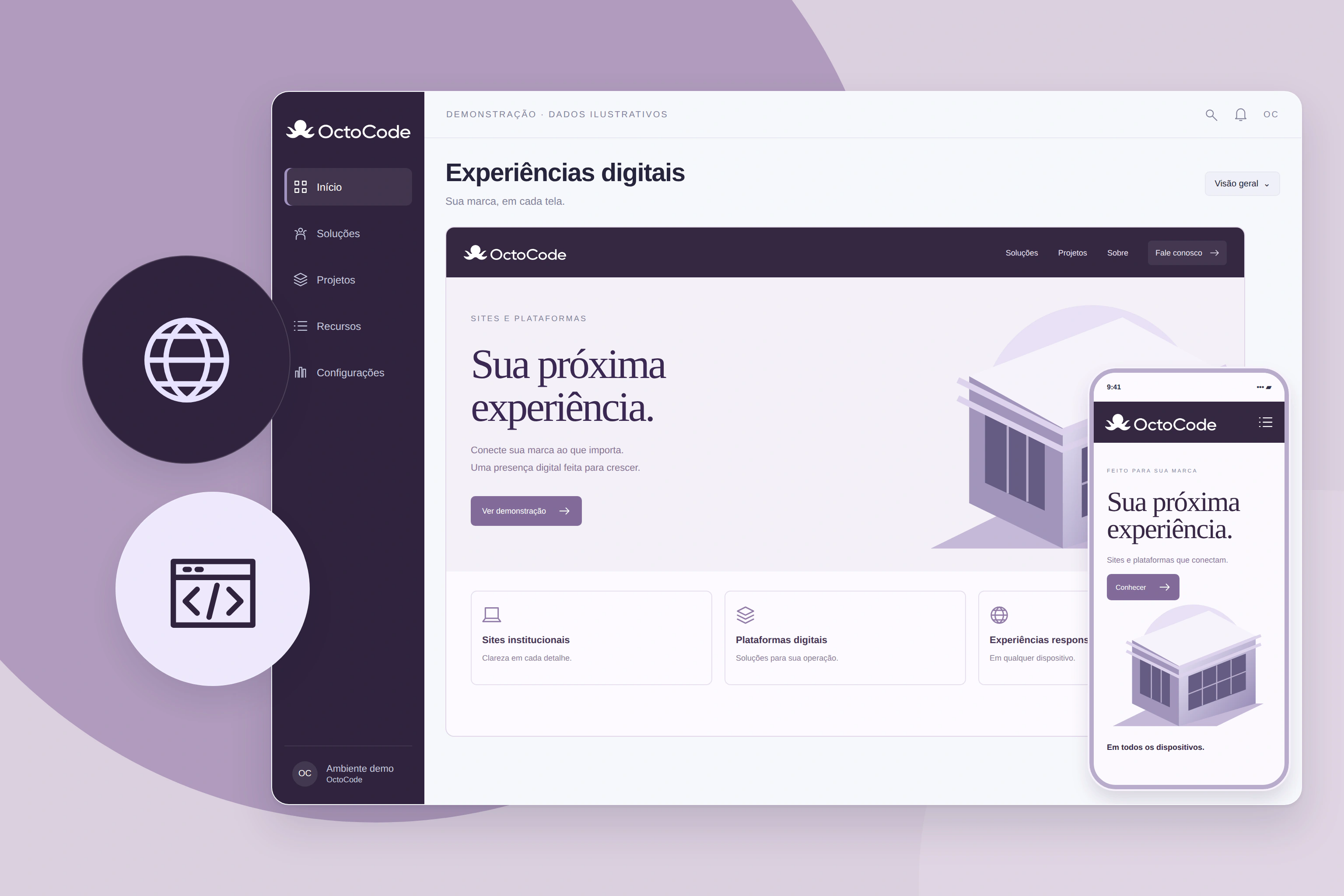 Plataforma web responsiva com a logo branca OctoCode no desktop e no celular