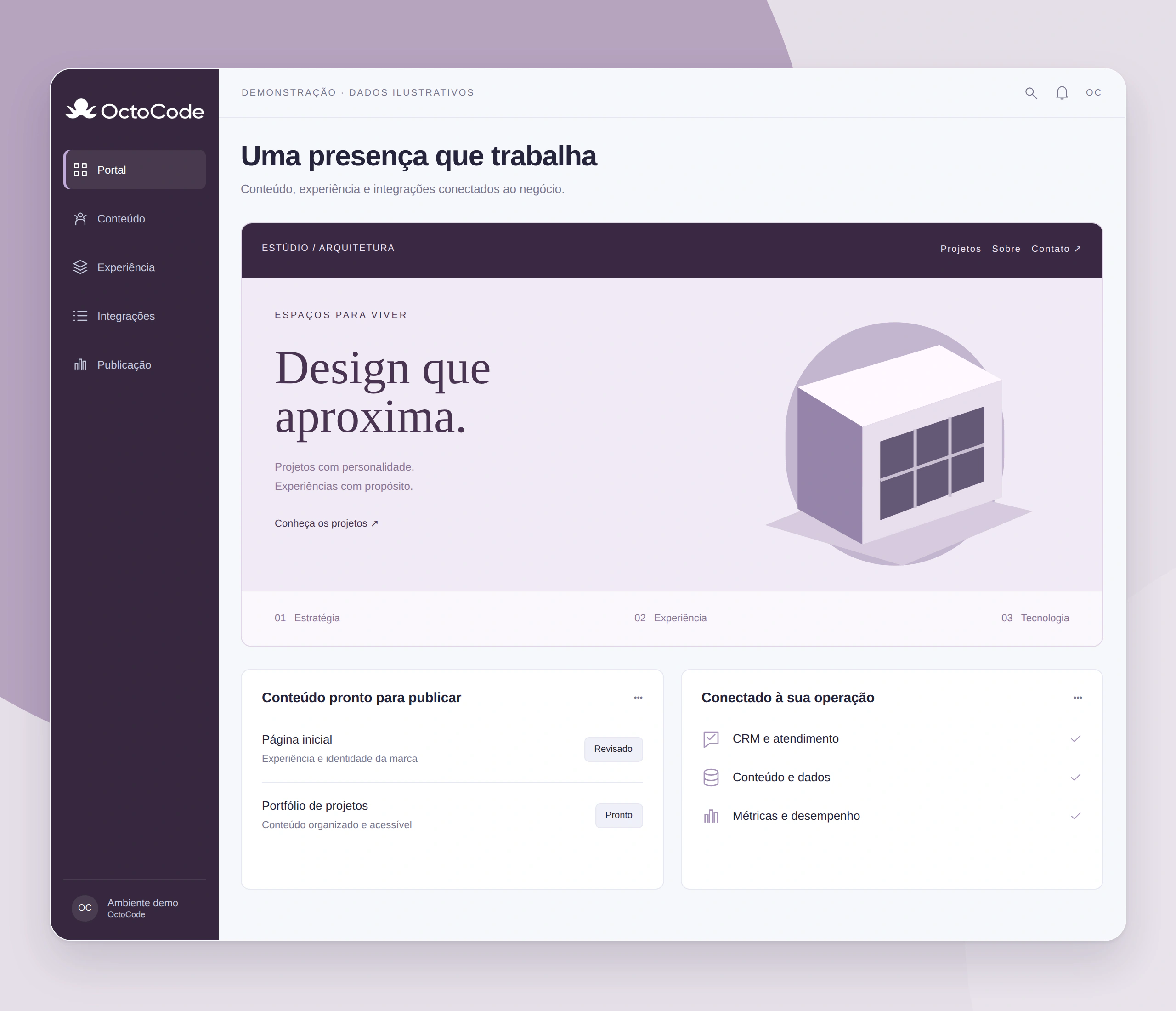 Uma presença que trabalha — interface ilustrativa com a logo branca OctoCode