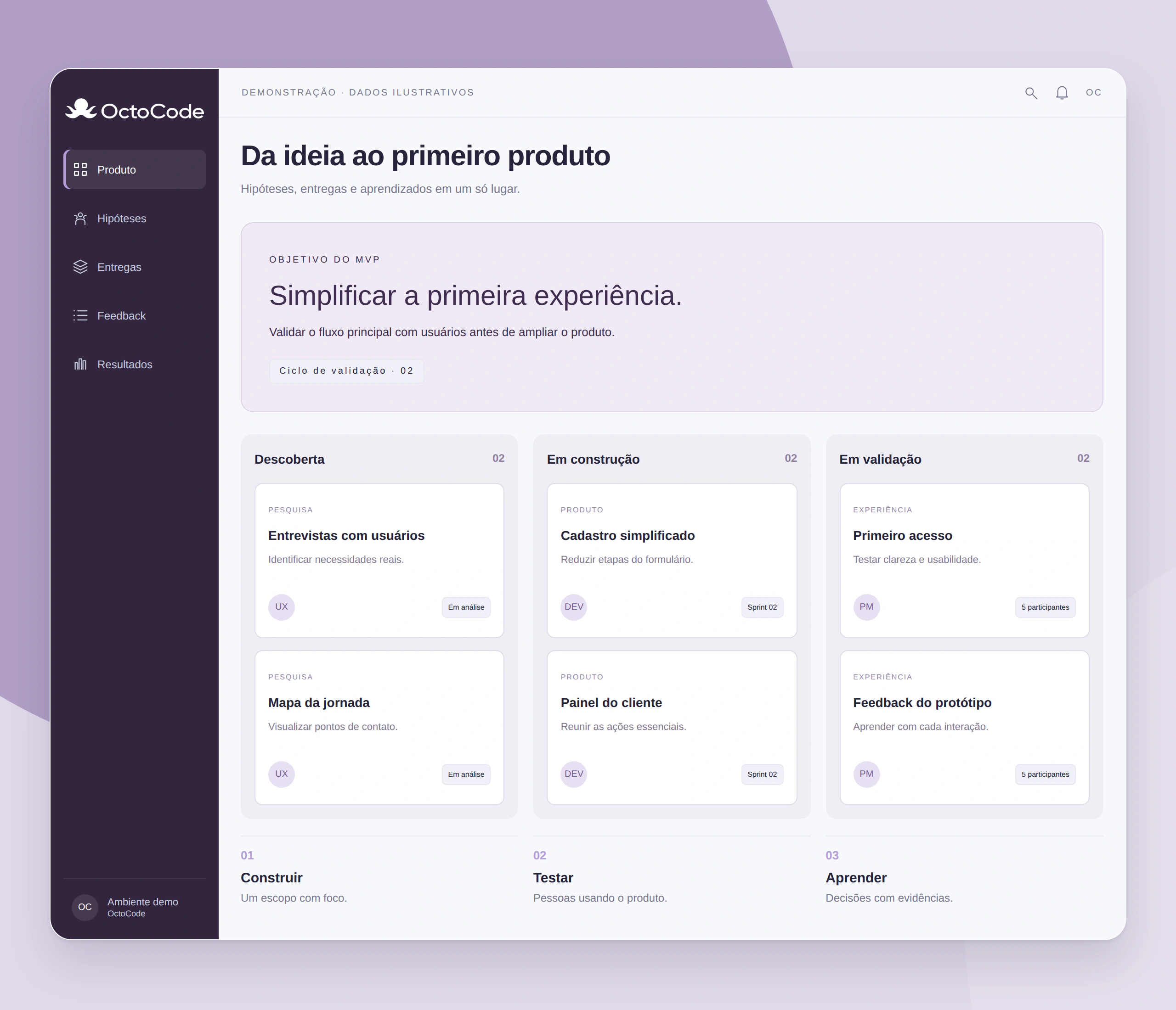 Da ideia ao primeiro produto — interface ilustrativa com a logo branca OctoCode